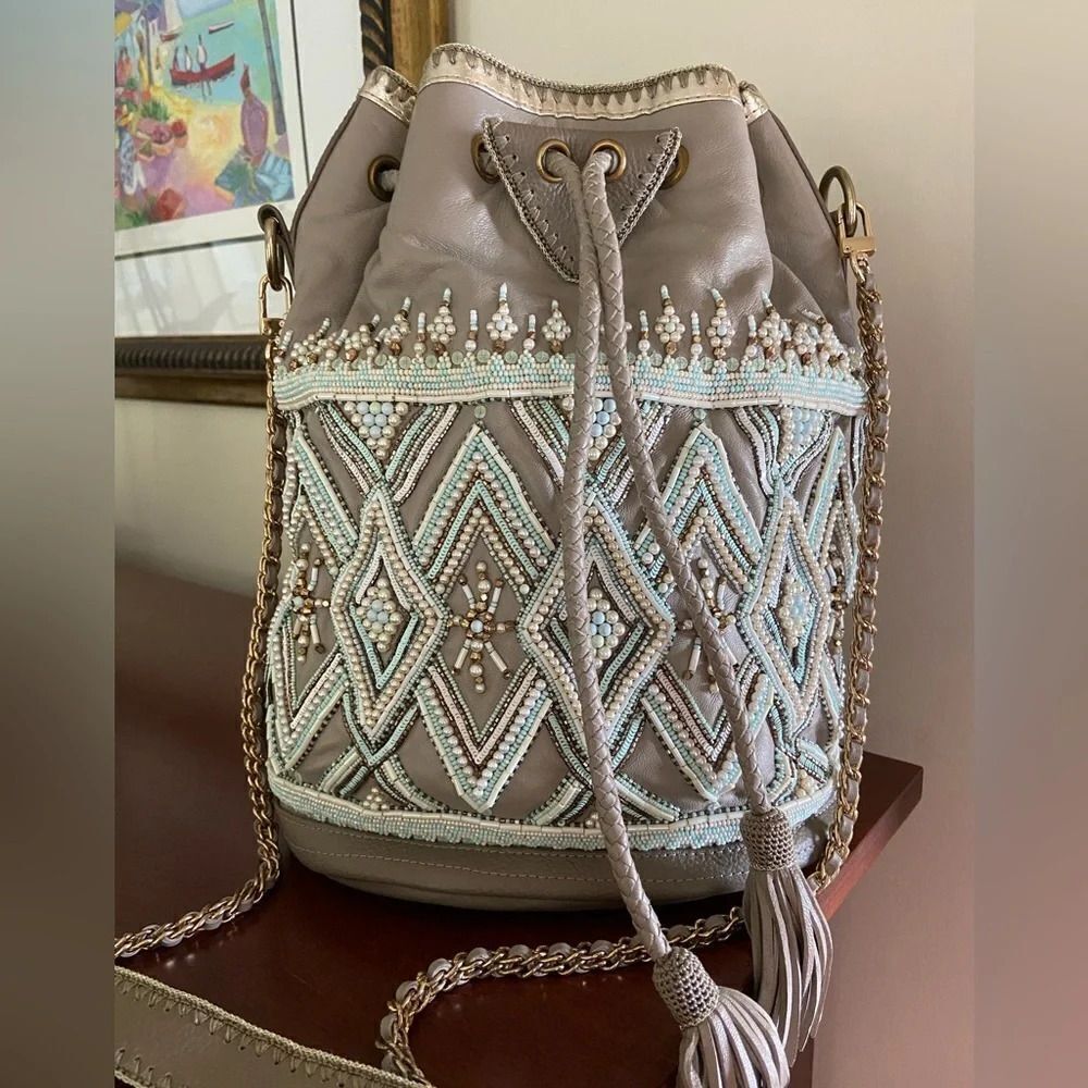 Show stopping BUBA London beaded Bucket Bag Crossbody Purse Stunning Leather